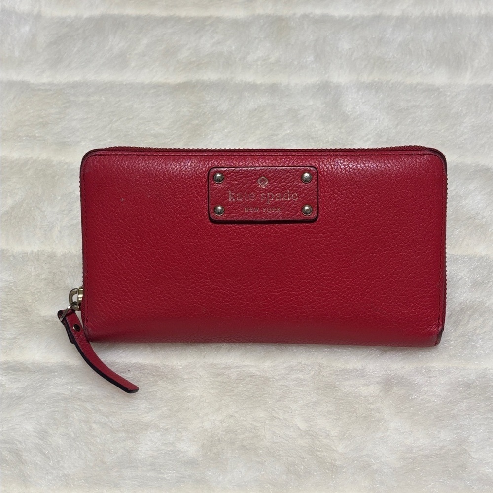 Kate Spade Red Pebbled Leather Zip Around Wallet with Logo Plate